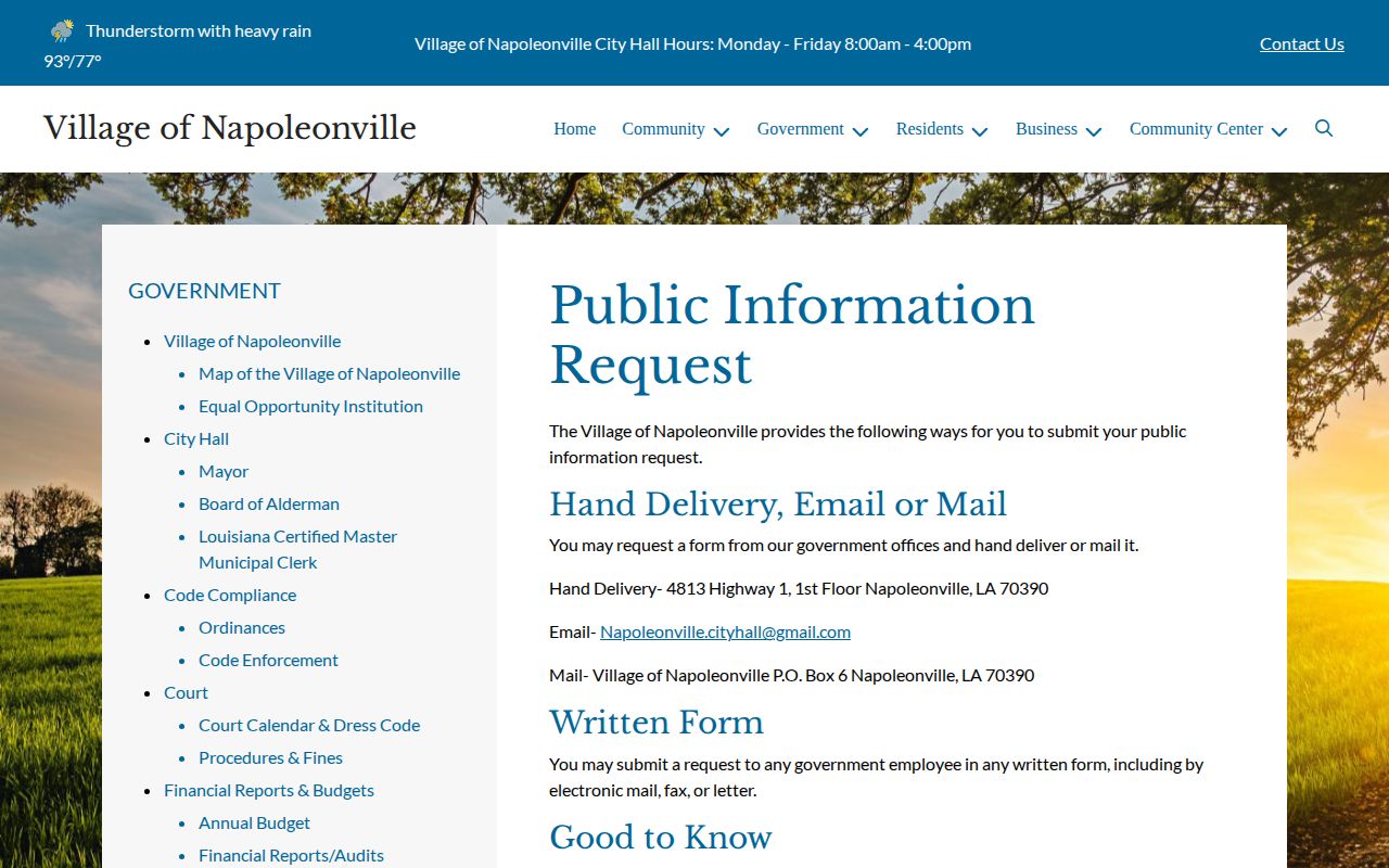 Napoleonville public information request source for village police arrest records